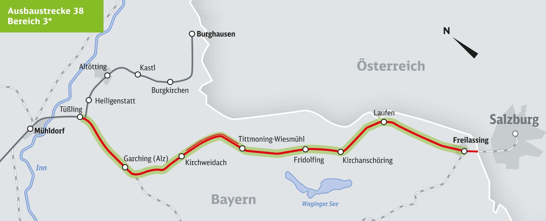 Übersichtskarte des Teilabschnitts Tüßling - Freilassing (-Salzburg) der ABS 38 (Grafik: © DB AG)