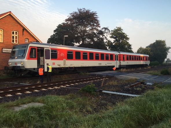 Der Dieseltriebwagen der Baureihe 628 nach der Kollision mit der Rinderherde. (Quelle: Bundespolizei)