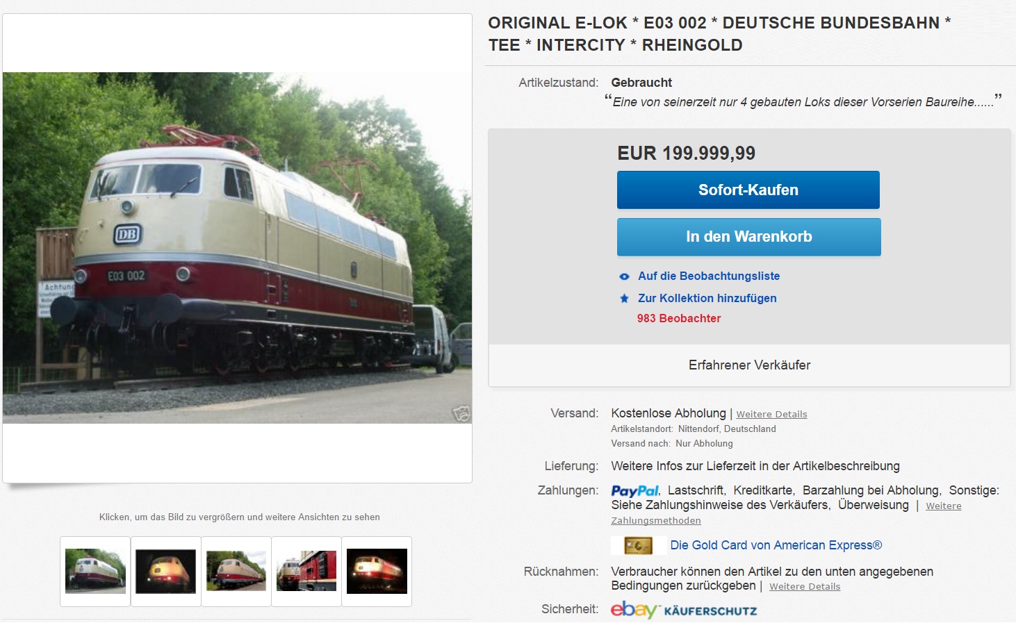Das Verkaufsangebot der E 03 002 bei Ebay. (Screenshot: Ebay)