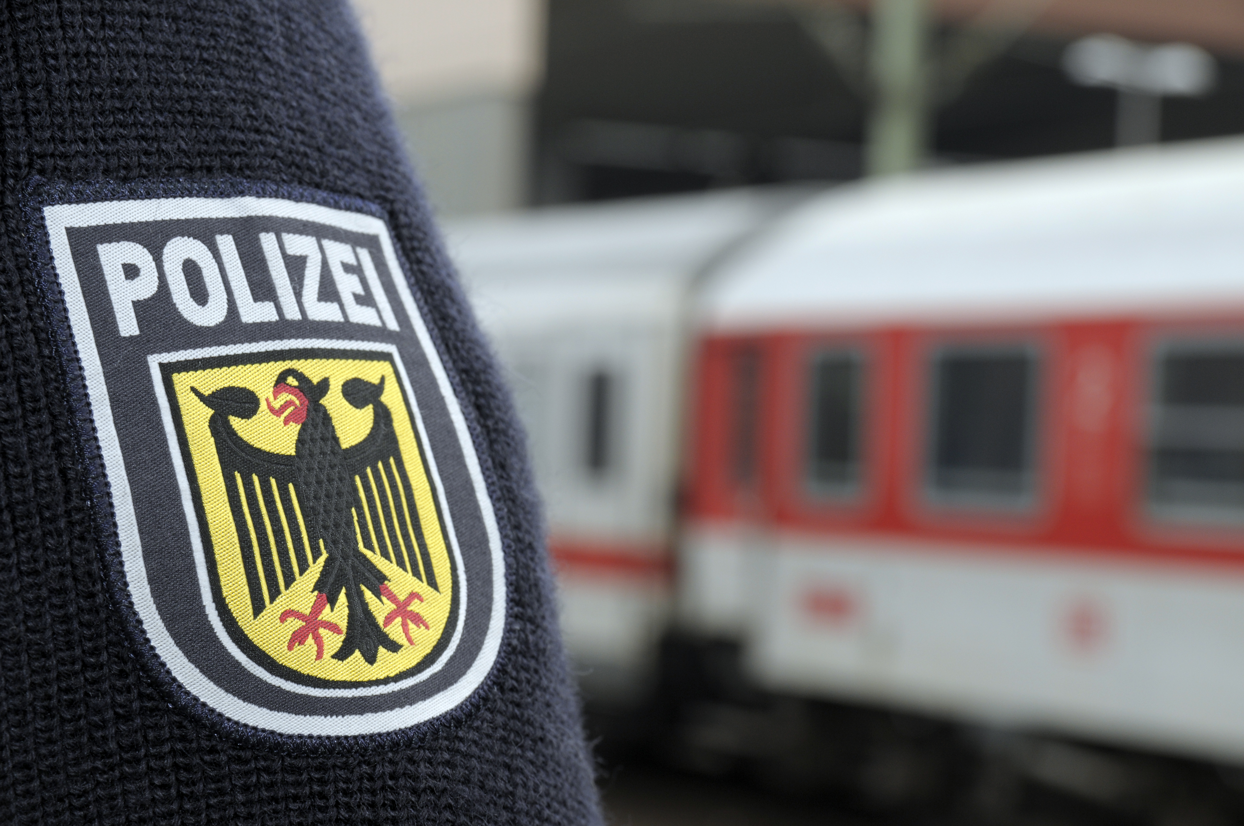 Symbolbild: Wappen der Bundespolizei vor einem Zug der Deutschen Bahn. (Foto: © Bundespolizei)