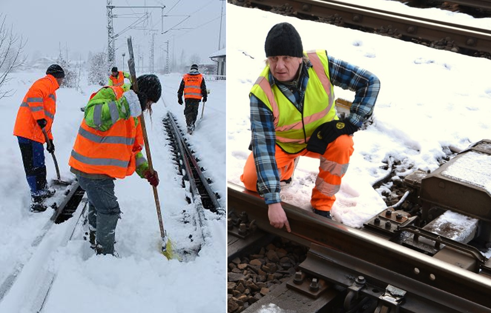 Mitarbeiter der DB befreien eine Weiche von Schnee und Eis. (Foto: © DB AG)