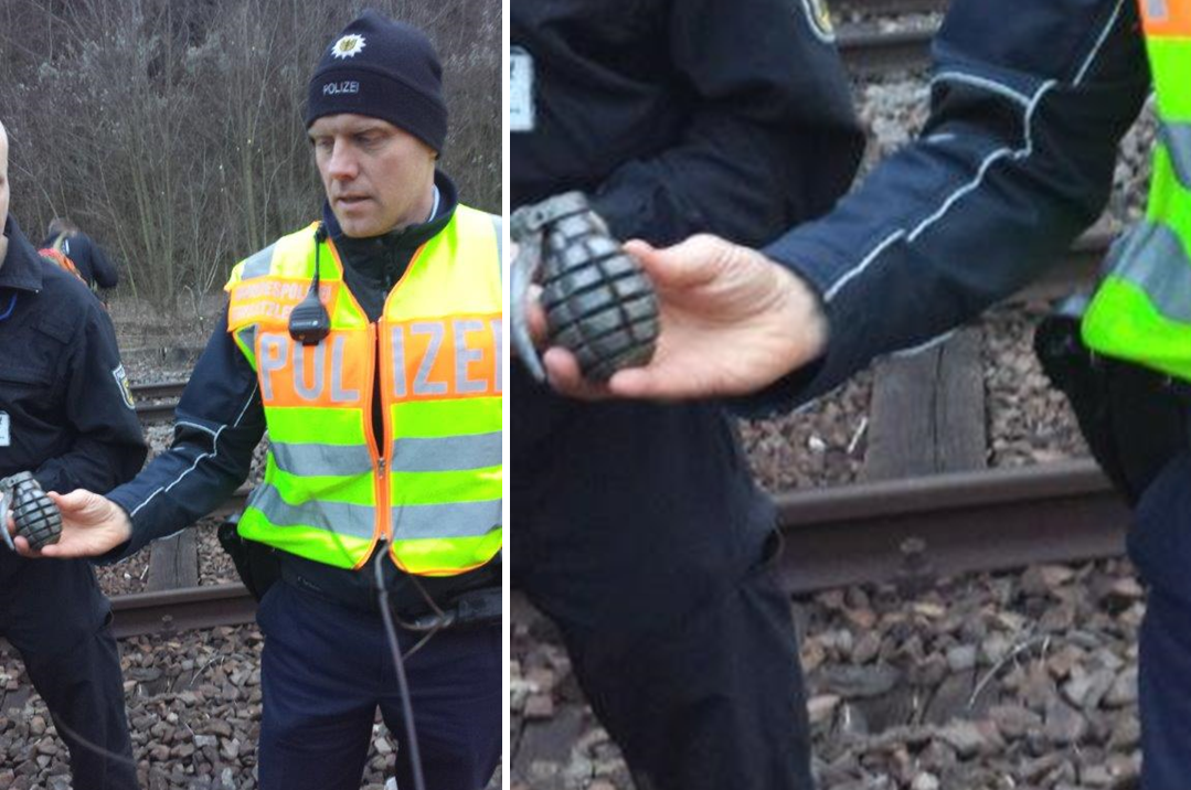 Dieses Feuerzeug, in Form einer echt aussehende Handgranate, wurde im Gleis gefunden. (Foto: © Bundespolizei)